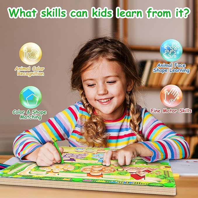 Magnetic Color & Shape Maze, Montessori Wooden Color Shape Matching Puzzle Board - Educational Learning Toys, Toddler Fine Motor Skills Sensory Toys for Boys Girls 3 4 5 Years Old Gift