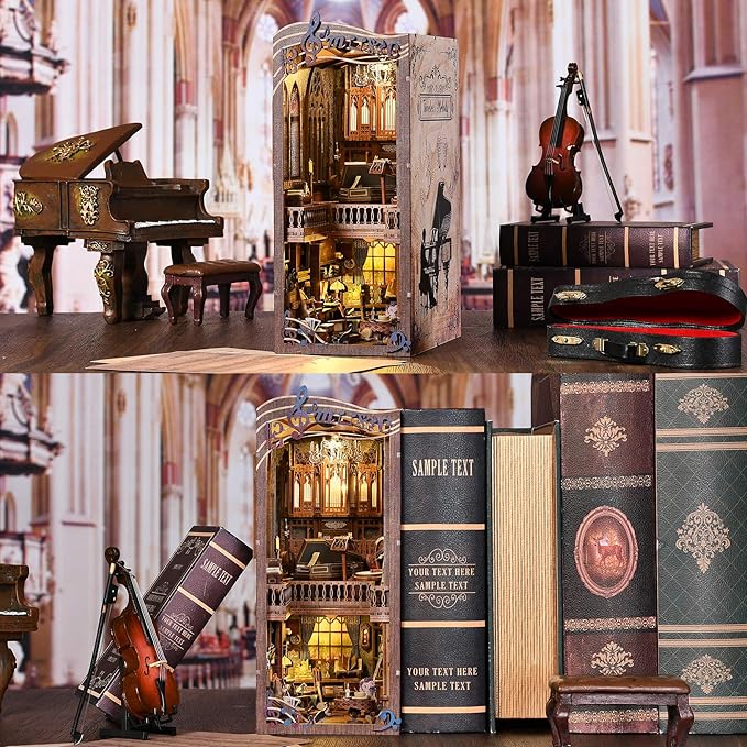 fifijoy Book Nooks, DIY Miniature Book Nook Kit Music, 3D Wooden Puzzle Bookends for Bookshelf Insert Decor with Led Light for Teens and Adults (Timeless Melody)