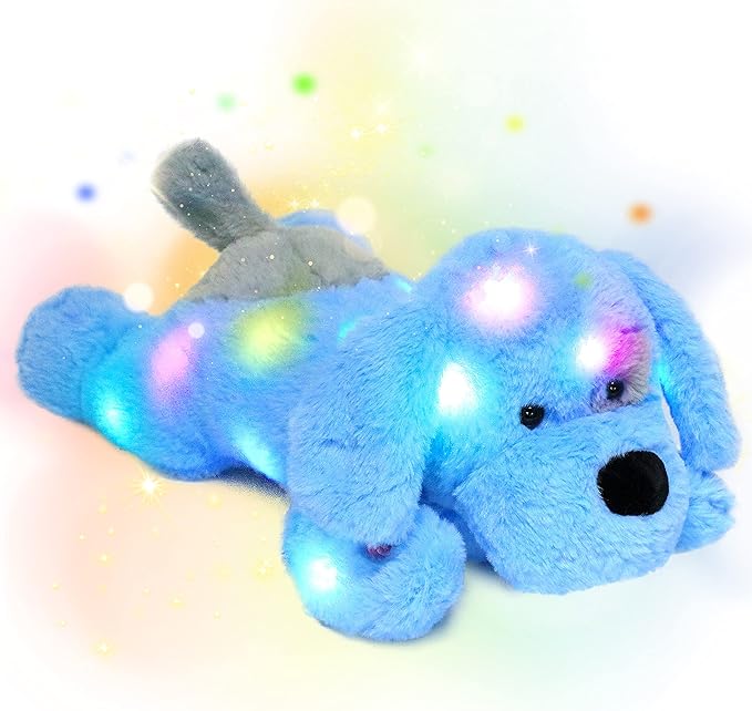 Hopearl Lighting Up Plush Puppy Adorable LED Stuffed Animal Dog Floppy Pup Night Lights Glow in The Dark Birthday Festival for Kids Toddler Girls, Blue, 17''