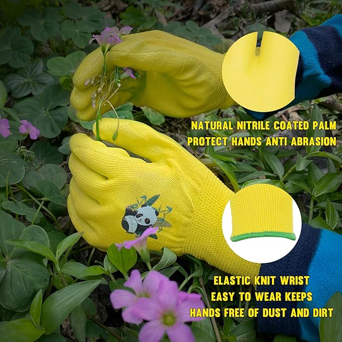 HANDLANDY 2 Pairs Kids Gardening Gloves, Toddler Children Garden Yard Work Outdoor Playing Gloves, Rubber Coating, for Girls Boys Youth (Size XL, Yellow)