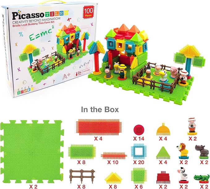 PicassoTiles PTB100 100pcs Hedgehog Shape 3D Building Blocks Tiles Farm Theme Set Learning Playset STEM Toy Set Educational Kit Child Branin Development Preschool Kindergarten Toy