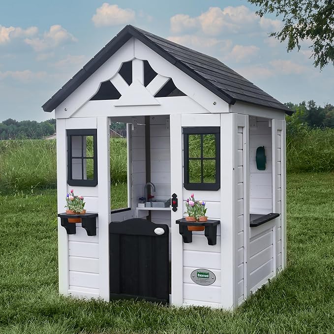 Backyard Discovery Sweetwater White Cedar Wooden Kids Playhouse Cottage with Play Kitchen, Snack Bar, Half Door, Toy Phone, Windows, Flowerpot Holders, Working Doorbell for Outdoor Imaginative Play