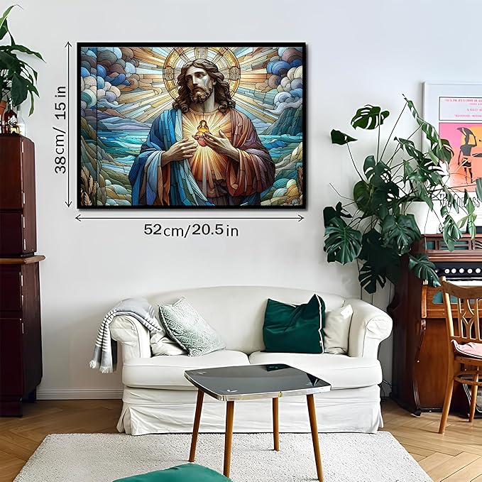 500-piece Color Lines-Light Sacred Heart of Jesus Adult Wooden Puzzle, Intellectual Challenge, Stress-Relieving Puzzle, Relaxing Family Activity, Decoration, Size: 20.5 x 15 in