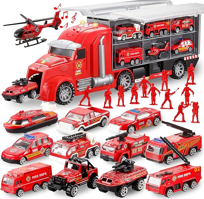 JOYIN 25 in 1 Fire Truck Vehicle Toy Set with Sounds and Lights, Fire Engine Vehicles in Carrier Truck, Mini Rescue Emergency Car Toy, Christmas Birthday Gifts for Over 3 Years Old Boys