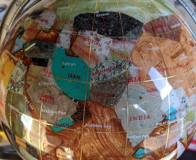 unique art since 1996 Limited Edition! unique art since 1996 Amber Pearl Swirl Table Top Gemstone World Globe with Tripod Silver Zinc Alloy Stand (220MM/9 INCHES/Amber Ocean)