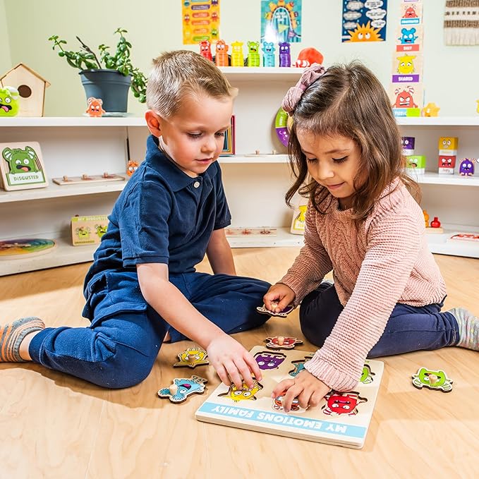 Open The Joy My Emotions Family Peg Puzzle – Emotional Recognition & Social Skills Puzzle for Kids | Montessori-Style Wooden Puzzle with 6 Emotion Pieces | Ages 4+