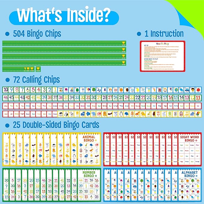 Family Bingo Game, Alphabet, Animal, Sight Word & Number Bingo Board Game, Counting and Matching Skills Classic Educational Game for Kindergarten and Preschool Kids, Perfect for Home and Classroom