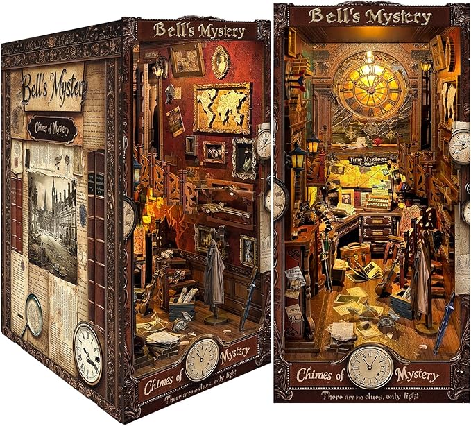 DIY Book Nook Kit, DIY Miniature Dollhouse Kits for Adults and Teens, Book Nook Bookshelf Insert Decor 3D Wooden Puzzle Bookend Miniature Kit with Sensor Light Creative Craft(Bell's Mystery)