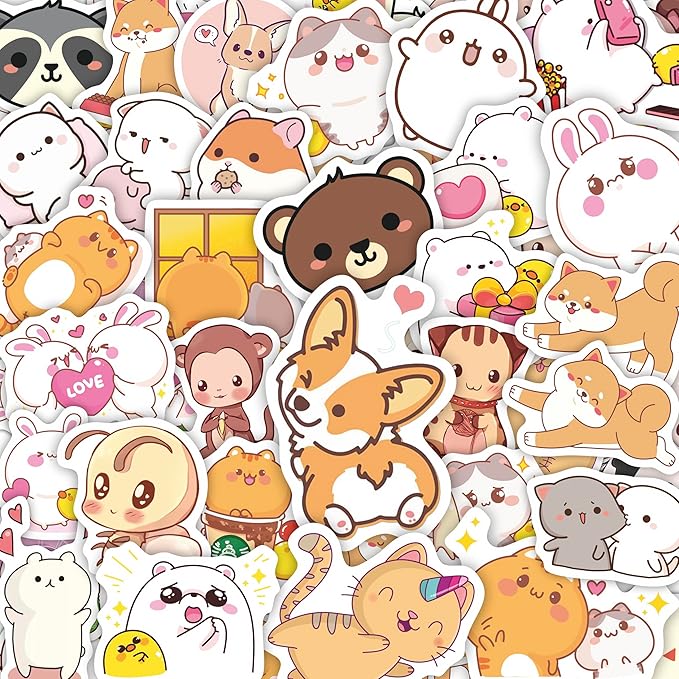 BulbaCraft Kawaii Animal Stickers - Cute Decals for Water Bottles – Cartoon Animal Stickers - Cute Japanese Kawaii Decals, Gifts for Women & Men