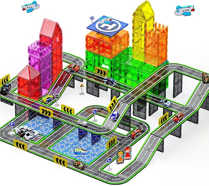 121PCS Magnetic Tiles Road Set with Pullback Cars. Magnet Tiles for Building Construction Toys with Ship, Airplane, Traffic Sign, STEM Magnetic Tiles for Kids Ages 4-8, Educational Gifts for Ages 3+