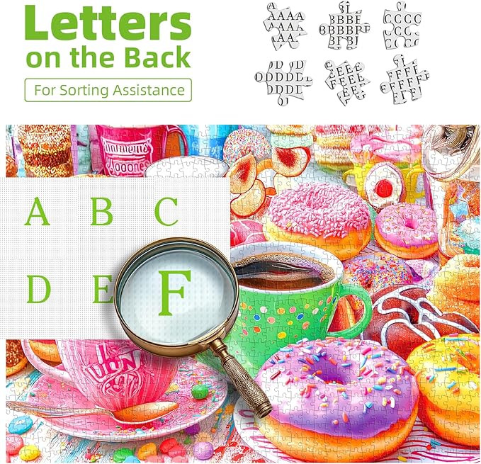 500 Pieces Puzzles for Adults Colorful Donuts Coffee Jigsaw Puzzle Letter on Back No Dust Difficult Unique Family Challenging Food Puzzles Gift Toy for Adults Seniors Perfect for Game Nights （23"x15"）