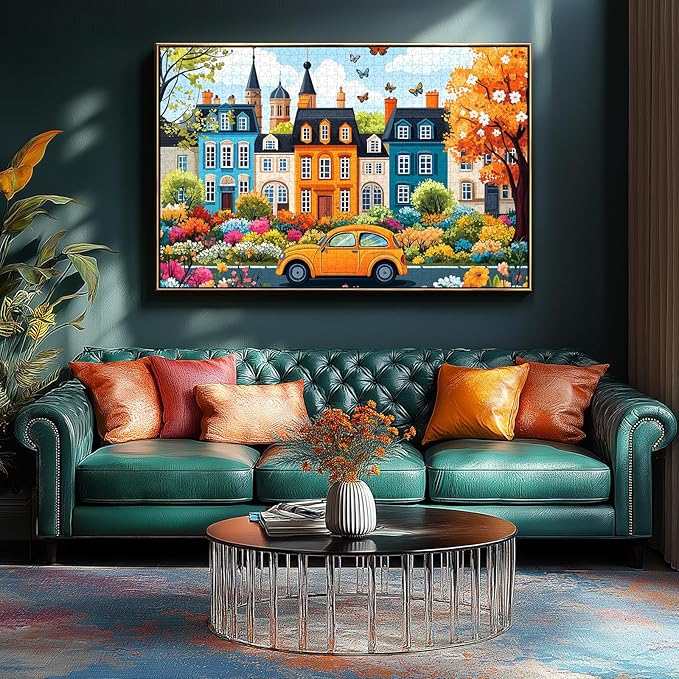 Colorful City Street Jigsaw Puzzles for Adults 500 Pieces Spring Vintage Car and Flower Garden Scene Puzzle Family Challenging Funny Puzzle Perfect for Game Nights(21"x15")