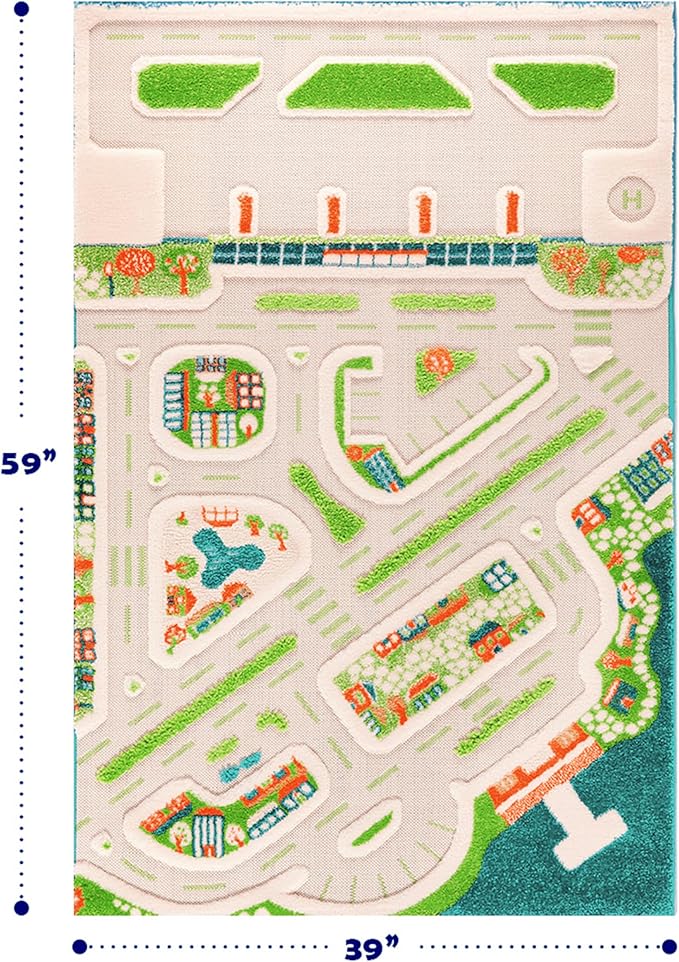 IVI Mini City 59" L x 39" W Educational Toddler Car Play Mat Rug for Bedroom, Kids Den, or Playroom
