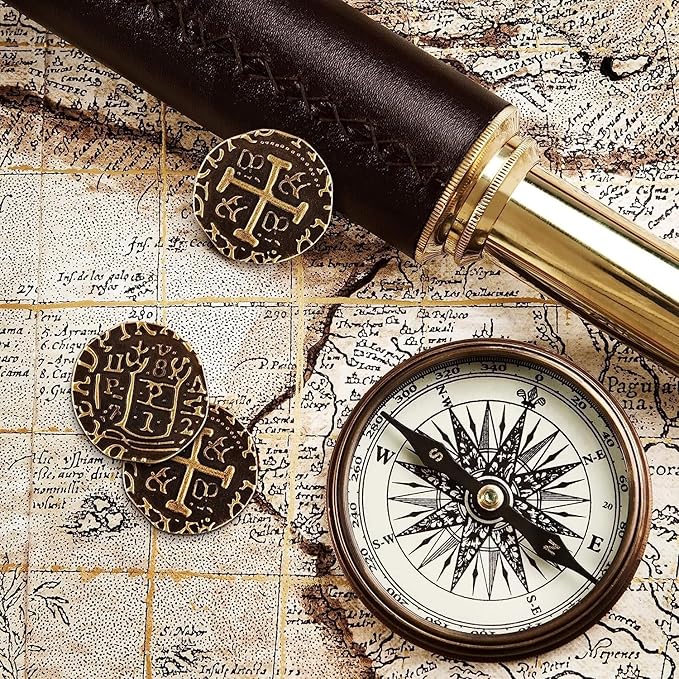 Large Metal Pirate Coins - 100 Bronze Treasure Coin Set, Metal Replica Spanish Doubloons for Pirate Party Decorations & Favors, Tokens, Toys, Cosplay - Pirate Treasure Chest, Diameter 7/8"