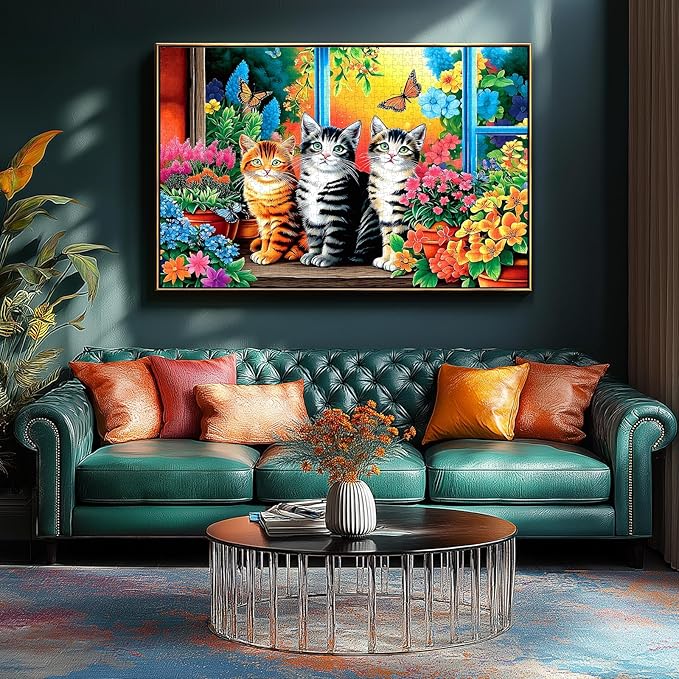 500 Piece Cat Jigsaw Puzzle for Adults - 23x15 Inch Cute Kittens in Garden Window with Butterflies & Flowers, Unique Art Puzzle for Home Decor & Gift