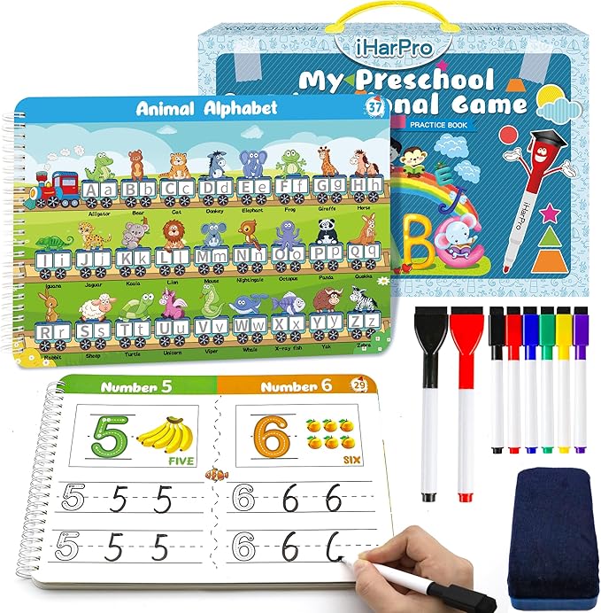 Handwriting Practice - Tracing Books for Kids Ages 3-5, Montessori Preschool Learning Activity, Autism Educational Learn Number Letters Shapes Animal & Sight Words Workbook with 8 Dry Erase Markers