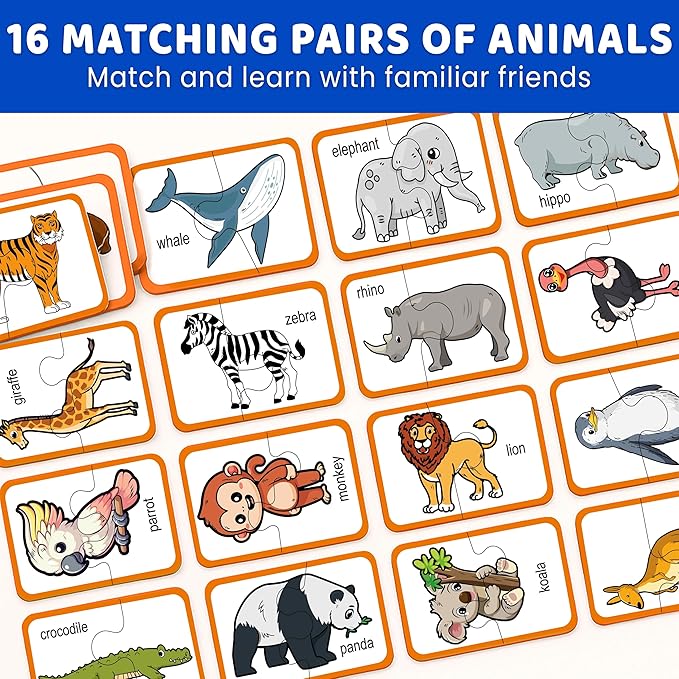 QUOKKA Toddler Puzzles Ages 2-4 – 100% Self-Correcting 16 Matching Pairs of Wild Animals – Educational Toddler Puzzles Ages 1-3 with 32 Pieces - Memory Matching Games for 3-5 Years Old Boys and Girls