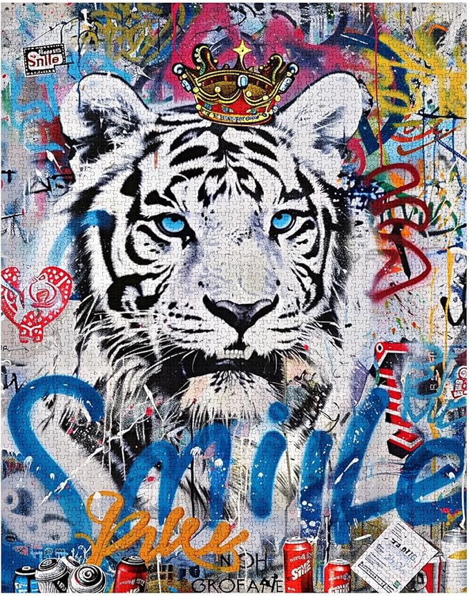 Tucocoo White Tiger Jigsaw Puzzle 1000 Pieces Puzzles for Adults, Animals Banksy Graffiti Style Jigsaw Puzzles for Challenging Family Activity Games Colorful DIY Craft Puzzle for Home Decor Gifts