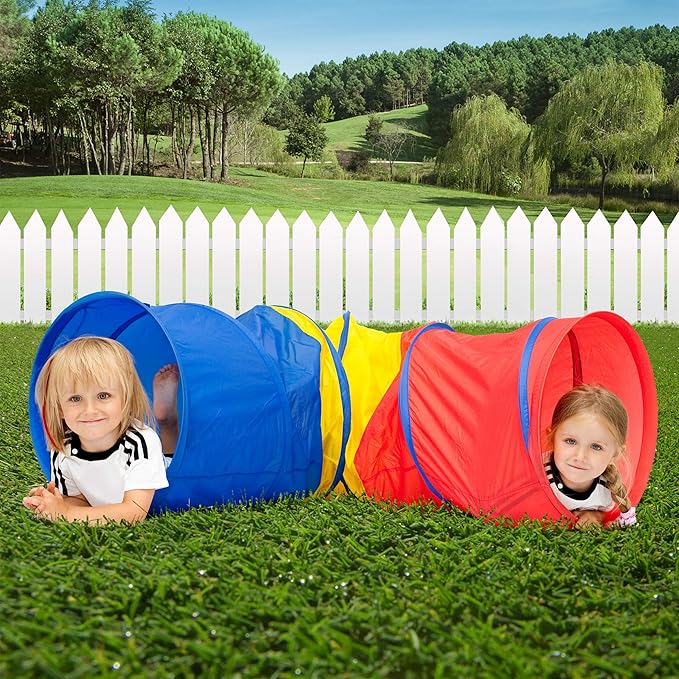 Hey! Play! Kids Play Tunnel- 4-Way Pop Up Crawl Through Tent, Indoor/Outdoor Fun for Kids, Dogs, Toddlers & Children, Foldable & Portable Playhouse, Multicolor
