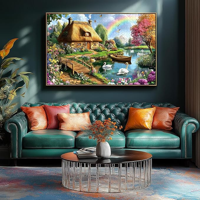 Cottage Lake Scene 1000 Piece Jigsaw Puzzle for Adults Swan Rainbow Flowers House Garden Landscape Challenging Family Puzzle Perfect for Game Nights (27.5"X19.6")