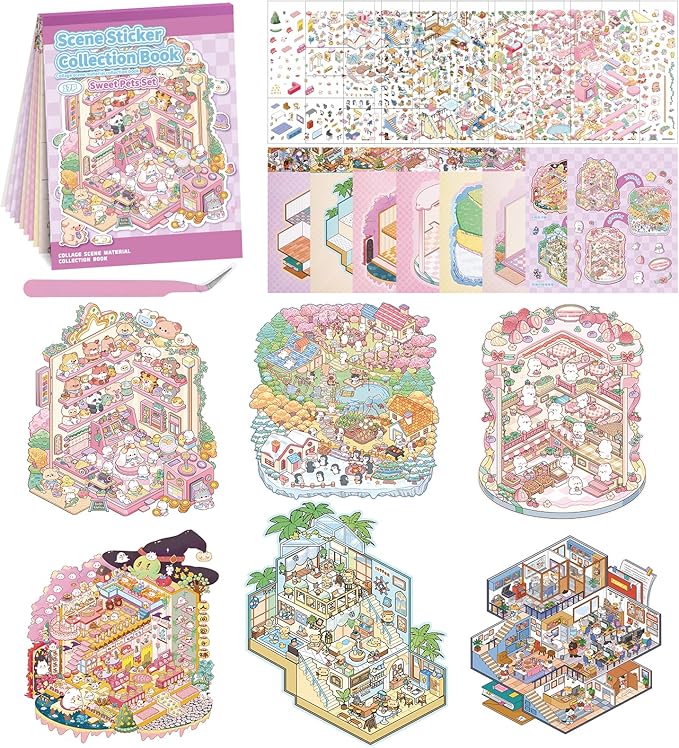 Sticker Book, 6 Sets DIY 3D House Stickers, Fun DIY Stickers Scene Make Your Own Mini House Cute Cartoon Animal Scene Sticker for Kids Adult Sticker Art Relief Stress Pass The Time