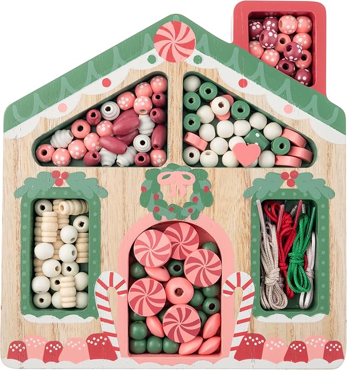 Stephen Joseph, Wooden Holiday Bead Kit for Kids, 125 Wooden Beads with 4 Necklace and 4 Bracelet Cords with Reusable Wooden Tray, Premium Wood Jewelry Making Kit for Kids, Gingerbread House, SJ1070