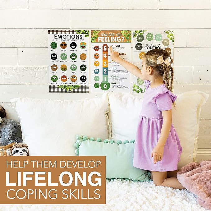 Hadley Designs Feelings Chart For Kids Ages 4-8- Emotions Chart For Toddlers 3-5, Counseling Feelings Posters For Classroom Calming Corner, Social Emotional Learning Posters, Farmhouse Classroom Decor