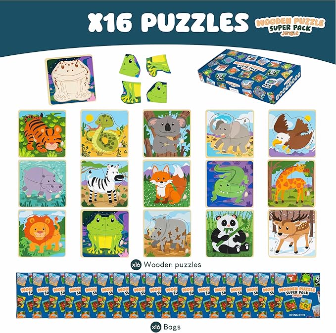 BONNYCO 4 Pieces Wooden Puzzles Pack 16 Party Favors for Kids 1 to 5. Birthday Goodie Bags Stuffers, Valentines Gifts for Toddlers Ideas, School Classroom Prizes and Baby Bulk Toys