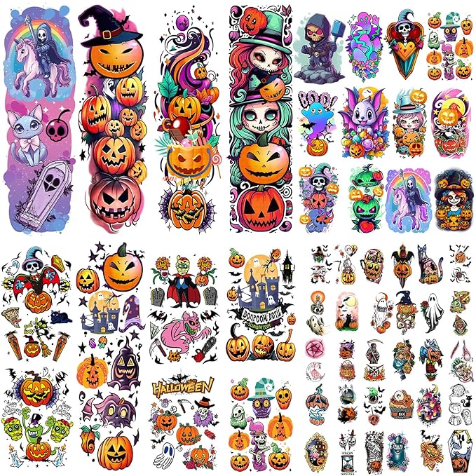 Kids Full Arm Temporary Tattoo, 52 Sheets Halloween Fake Tattoos Realistic for Boys Girls Halloween Party Favors, Pumpkin Ghost Reaper Bat Vampire Coffin Witch Rainbow Cat Spaceship Lasting Tattoos