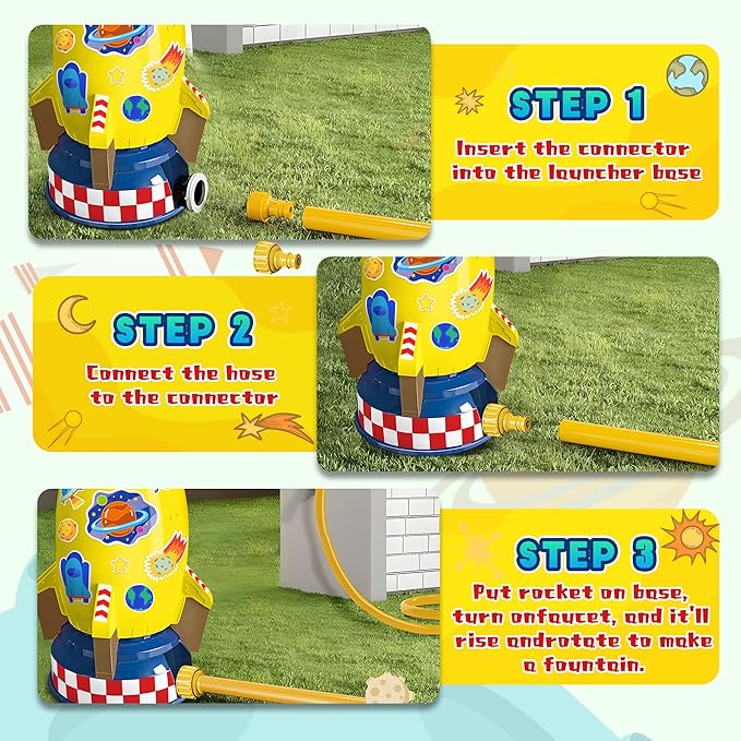Rocket Sprinkler Toy for Kids, Summer Water Launcher for Backyard Play, Outdoor Lawn Sprinkler Gift for Toddlers and Kids Ages 3 4 5 6 7 8, Easy Setup Water Game with Hose