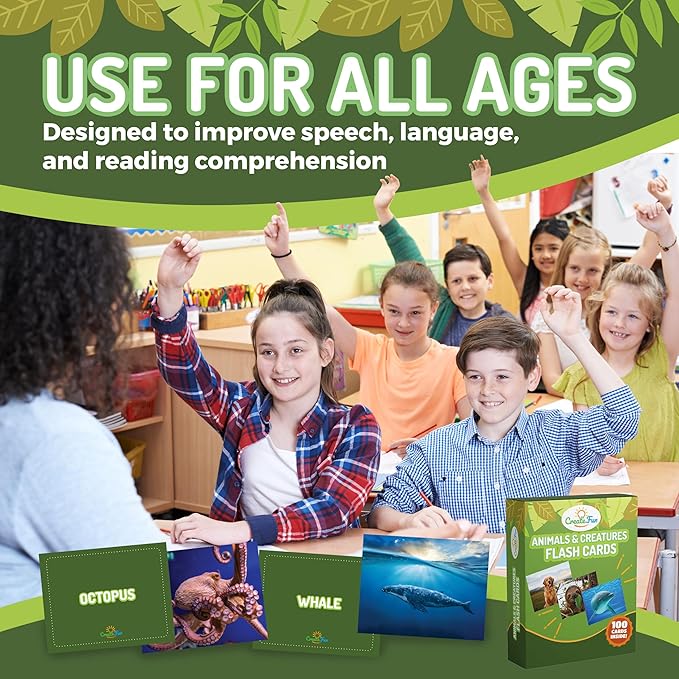 100 Animal, Insect & Ocean Creatures Flash Cards, Realistic Pictures for Fun Learning & Montessori Educational Vocabulary Builder for Preschool Kids, Adults, Schools, Autism, Speech Therapy, ESL, SLP