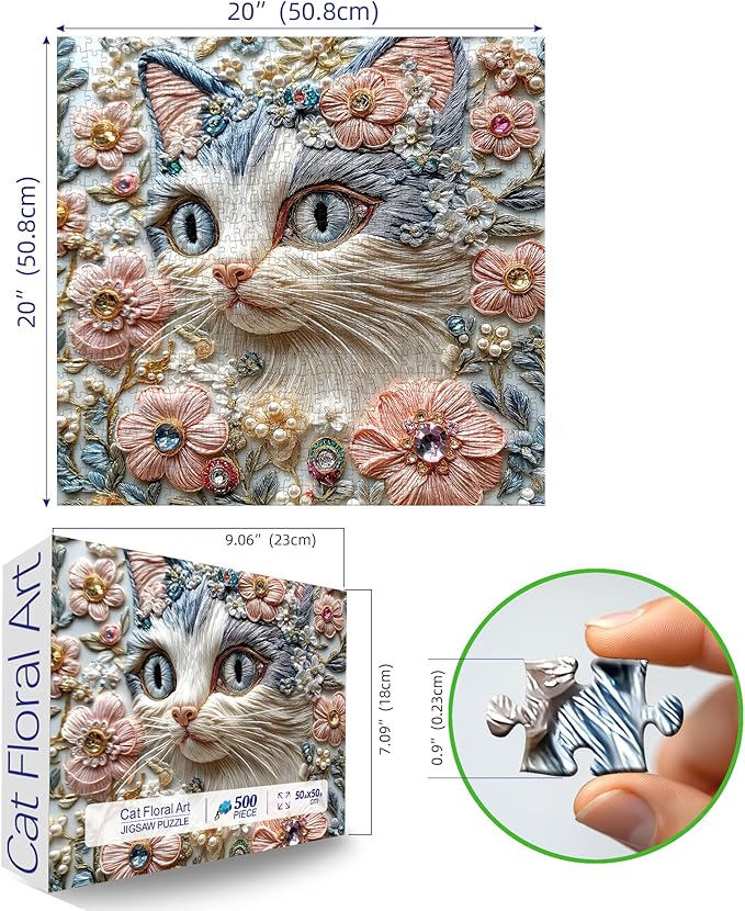 500 Piece Puzzles for Adults | Cats & Flowers Crystal Diamond Art Design | Challenging Jigsaw Puzzle | 20x20 Inches | Unique Gift, Stress Relief & Family Game Night