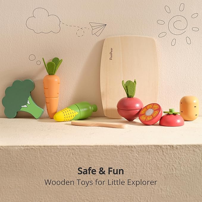 PairPear Wooden Toys Play Food Sets for Kids Kitchen, Kids Toy Food Cutting Vegetables Set for Toddlers 3+ Years Old, Pretend Food Play Kitchen Accessories for Girls and Boys