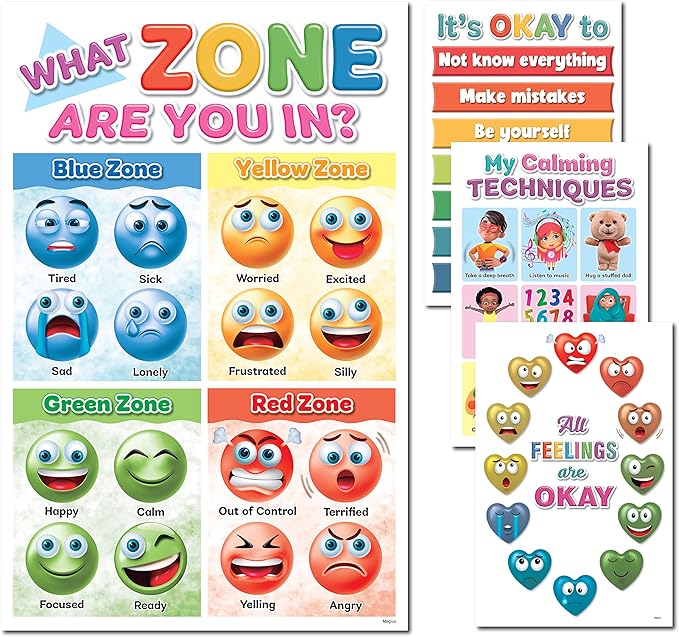DeeDee's Workshop 4 Feelings Chart For Kids, Zones of Regulation Poster, Emotions Poster, Emotion Chart for Kids, Emotional Regulation, Set of 4 (11 x 17 inches)