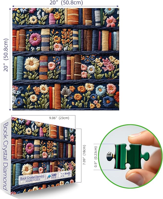 Floral Bookshelf Puzzles for Adults 500 Pieces Wildflower Books Pages Jigsaw Puzzles Vintage Unique Plant Mbroidery Art Puzzle Difficult Unique Family Challenging Games for Seniors Adults (20"x20")