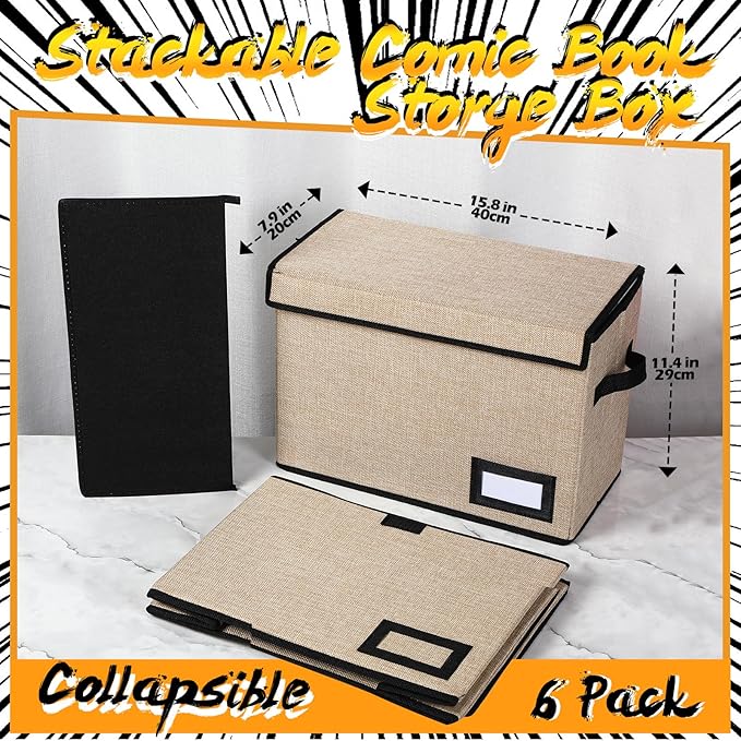Chuangdi 6 Pcs Comic Book Storage Boxes, Back to School Collapsible Comic Short Box Case with Lid, 15.8 x 7.9 x 11.4 Inch Book Bin Container Holds 150 Comics(Beige)