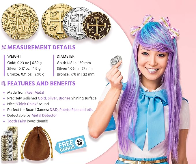 Large Pirate Coins - 102 Bronze, Silver & Gold Treasure Coin Set - Metal Replica Spanish Doubloons for for Pirate Party Decorations & Favors, Tokens, Cosplay - Pirate Treasure Chest - M, L, XL Sizes