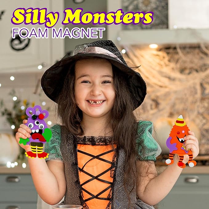 4E's Novelty Halloween Crafts for Kids (4 Pack) Silly Monsters Foam Magnet Fall Crafts Bulk, Halloween Party Activities
