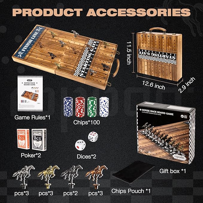 ropoda 23 inches Horse Race Board Game with 11 Luxury Horses,Foldable Wood Horse Racing Board Game with 100 Pcs Chips,2 Dice and 2 Boxes of Cards,Vintage Color
