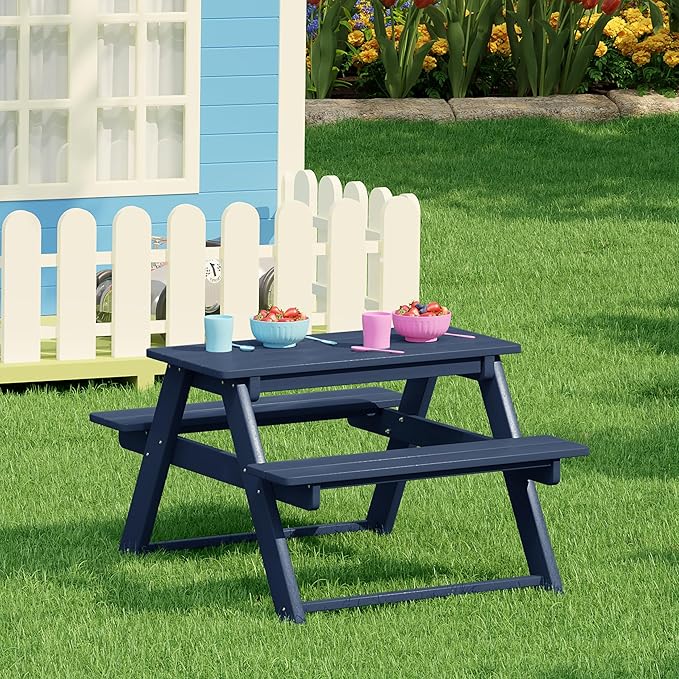 Costaelm Kids Picnic Table, HDPE All Weather Outdoor Toddler Picnic Table and Chair Set Kids Bench for Patio, Backyard, Garden, Lawn, Navy Blue