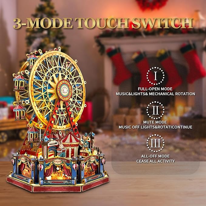 DIY 3D Wooden Puzzle Ferris Wheel Music Box Kit with LED,Rotating Mechanical Model Building Kit,Birthday for Family Friends - Century Ferris Wheel(SQ-69)