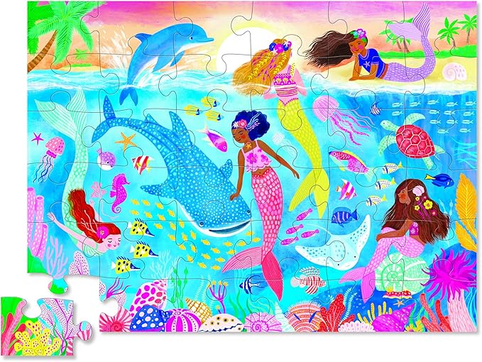 Crocodile Creek 36-Piece Jigsaw Floor Puzzle - Fun Floor Puzzles for Kids Ages 3-5 - Heavy-Duty Shaped Box for Storage - Mermaid Dreams - 24" W x 18" H Finished