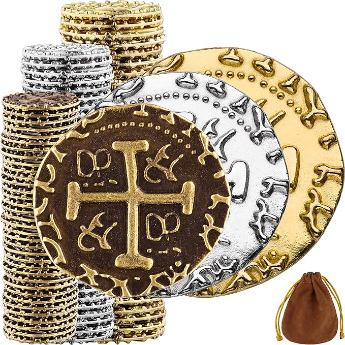 Large Pirate Coins - 102 Bronze, Silver & Gold Treasure Coin Set - Metal Replica Spanish Doubloons for for Pirate Party Decorations & Favors, Tokens, Cosplay - Pirate Treasure Chest - M, L, XL Sizes