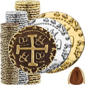 Large Pirate Coins - 102 Bronze, Silver & Gold Treasure Coin Set - Metal Replica Spanish Doubloons for for Pirate Party Decorations & Favors, Tokens, Cosplay - Pirate Treasure Chest - M, L, XL Sizes