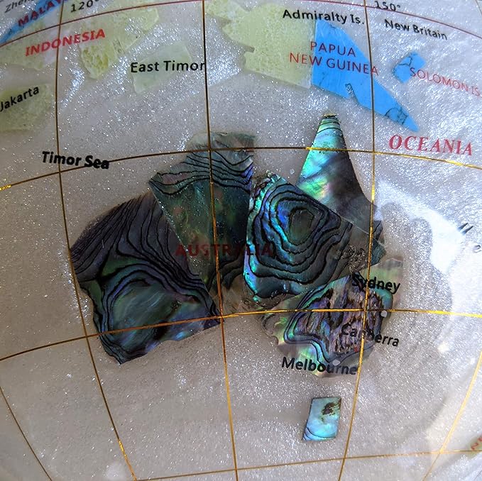 Limited Edition! Unique Art Since 1996 Pearl Ocean Table Top Gemstone World Globe with 4 Leg Copper Plated Zinc Alloy Stand (220MM/PEARL OCEAN/4LEG COPPER)