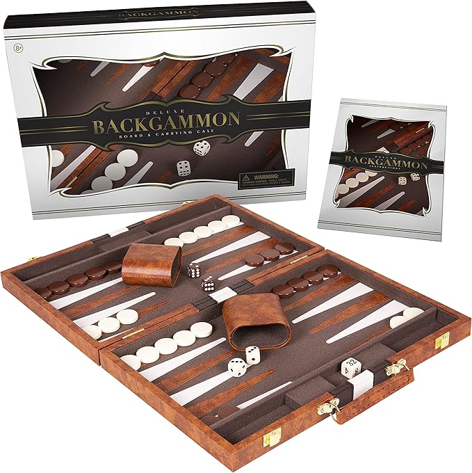 Backgammon Set 18 inch, Large - Classic Board Game for Adults and Kids with Premium Leather Case - Includes Strategy & Tip Guide (Brown)