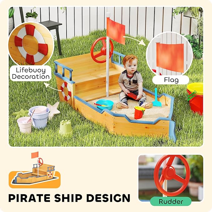 Outsunny Wooden Kids Sandbox, Pirate Ship Outdoor Sandboat with Bench Seats, Storage, Non-Woven Fabric Cloth for Backyard, Lawn, Natural Wood