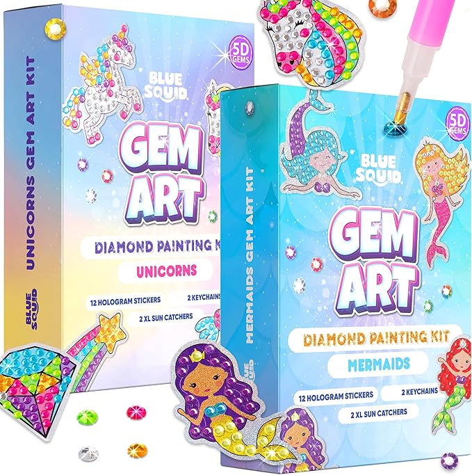 Blue Squid Diamond Art Kits for Kids – Unicorn and Mermaid - Fun & Easy DIY 5D Gem Art Kids Diamond Painting Kit - Arts & Crafts Kit, Girls, Boys Ages 6-12
