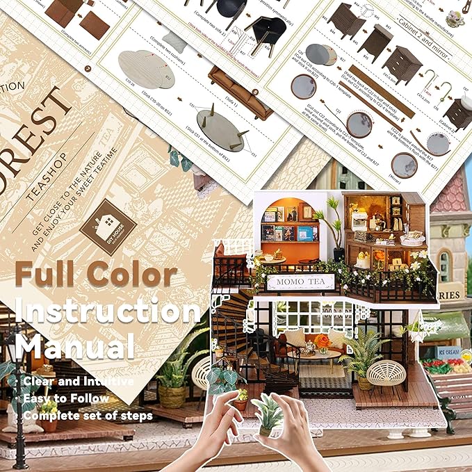 Flever Dollhouse Miniature DIY House Kit Creative Room with Furniture for Romantic Artwork Gift (Forest Teashop)