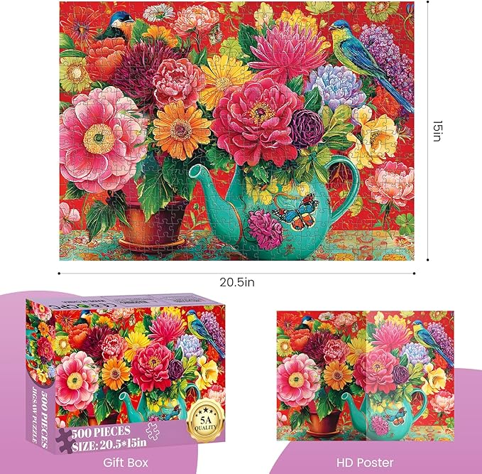 500 Piece Puzzle for Adults, Colorful Flowers in Vases Jigsaw Puzzle, Vibrant Flora with Butterflies and Birds 500 Piece puzzle, Perfect for Family Time, Wall Decor, Gift for Adults, Kids, and Seniors